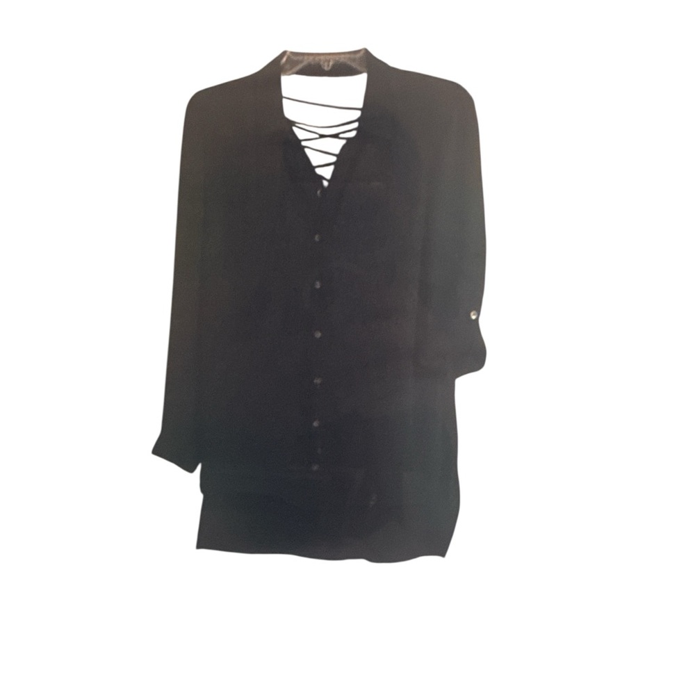 Rock & Republic Top Black Lace Up Sexy Front Back Keyhole Roll Tab Long Sleeves - Picture 4 of 5
